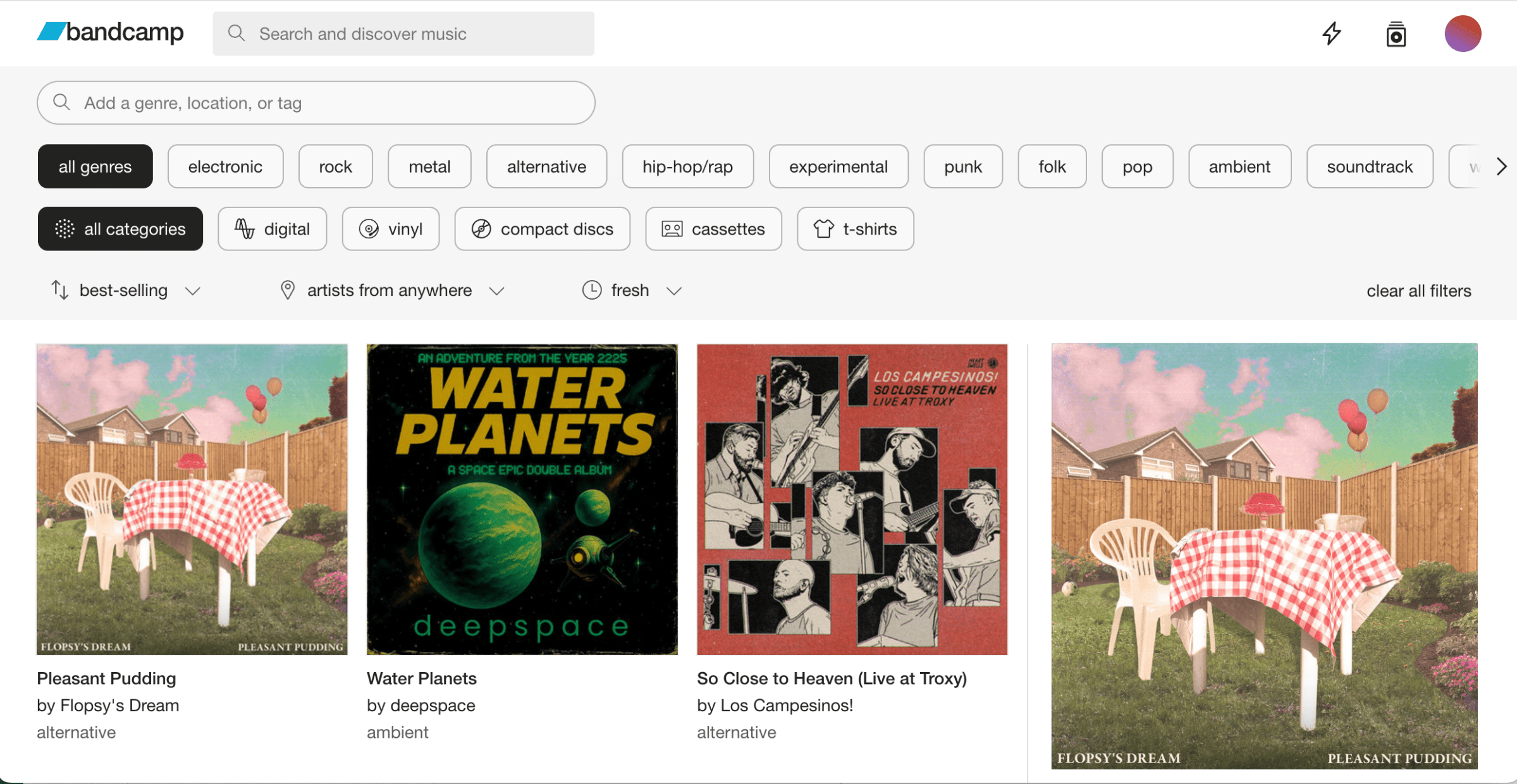Bandcamp main page, showing a group of buttons showing various categories on top, and several albums below.